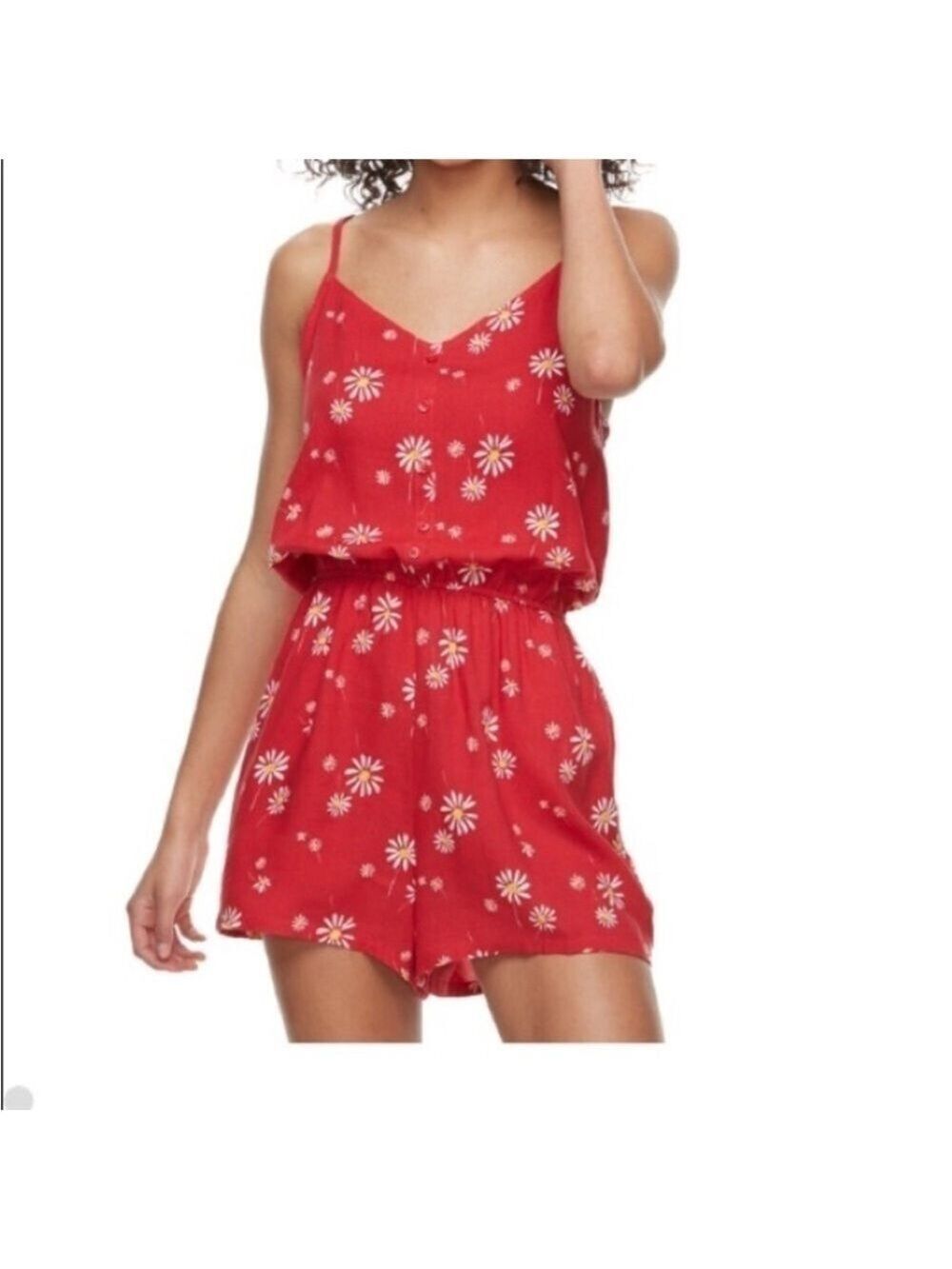 Juniors SO Red White Daisy Print Romper L